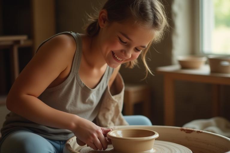Studente sorridente mentre impara a usare il tornio da vasaio.