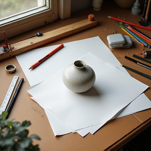Schizzo di un vaso di ceramica su un tavolo da lavoro.