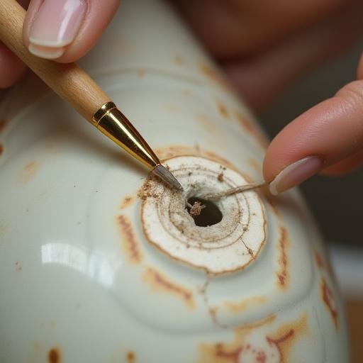 Dettaglio di un pezzo di ceramica antica in fase di restauro.