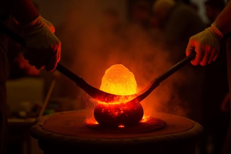 Pezzo di ceramica incandescente estratto dal forno durante un workshop di Raku.